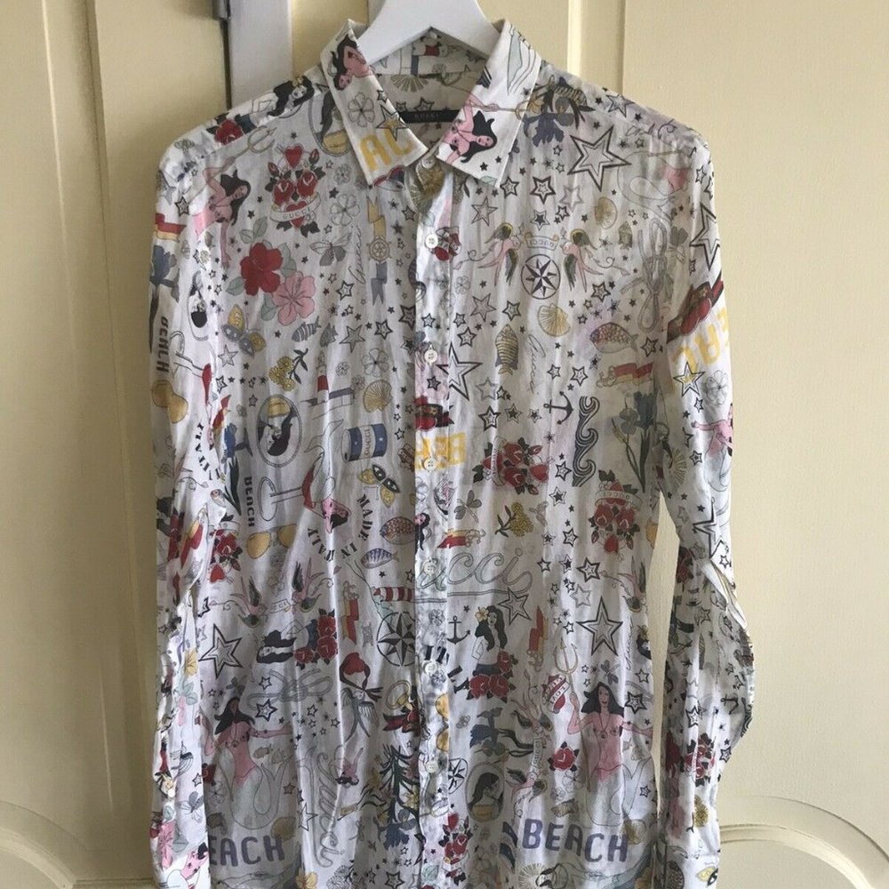 GUCCI Logo Print Sailor Tattoo Mermaid Button Down